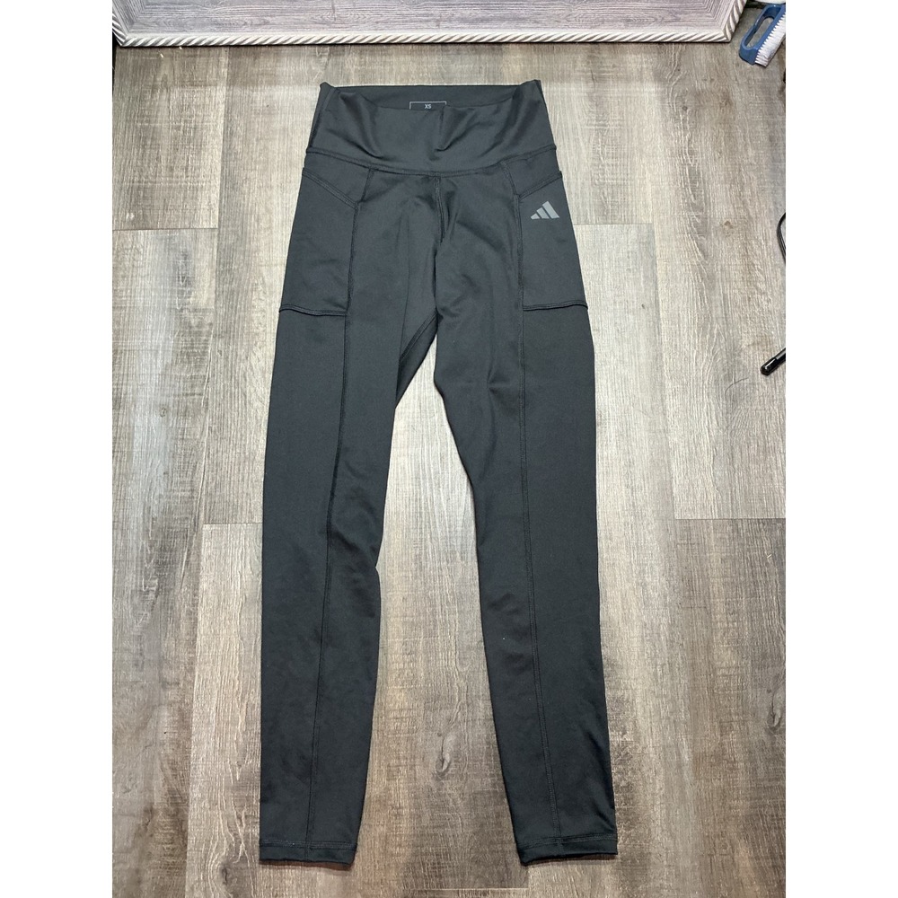Adidas Womens High Waisted Athletic Leggings Black Side Pockets Size XS